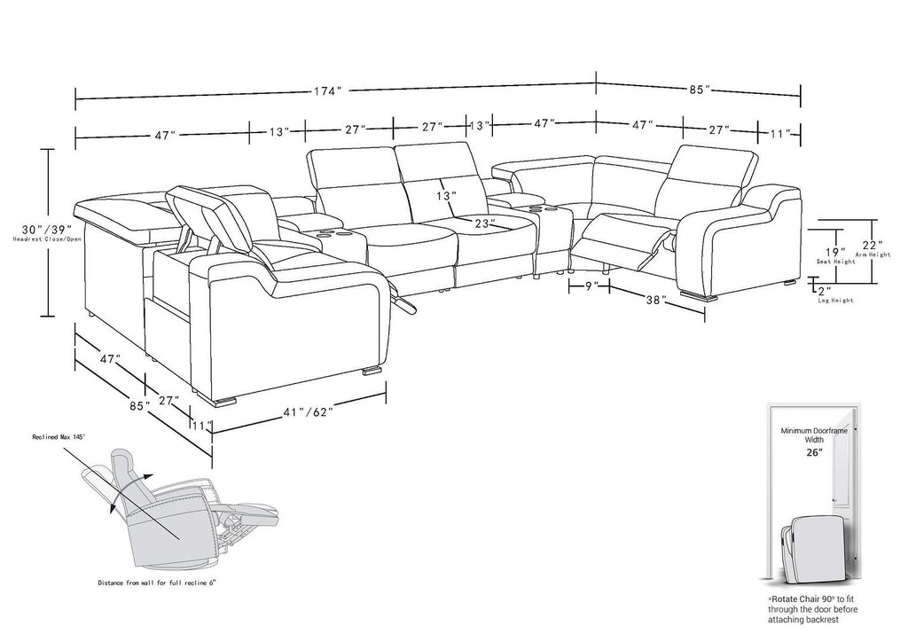 1116 Divanitalia 8-Piece U-Shaped Sectional Sofa in Top Grain Italian Leather with 2 Power Recliners & Power Headrests
