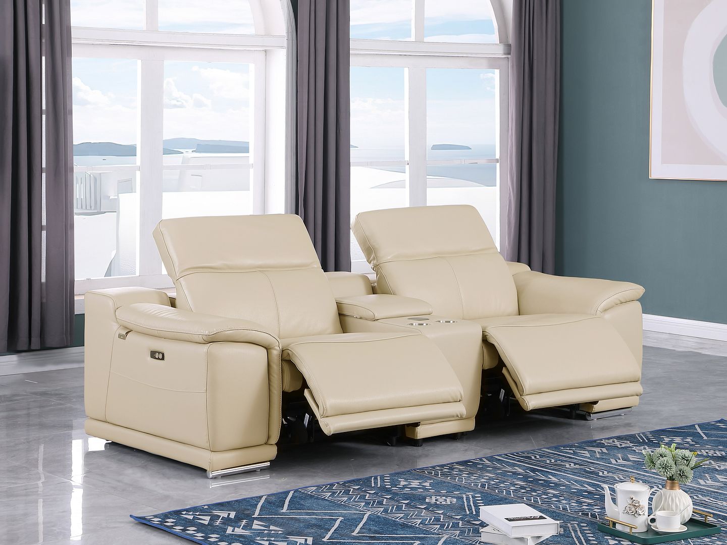 9762 Divanitalia 3-Piece Modular Power Reclining Console Loveseat with 2 Power Recliners in Top Grain Italian Leather