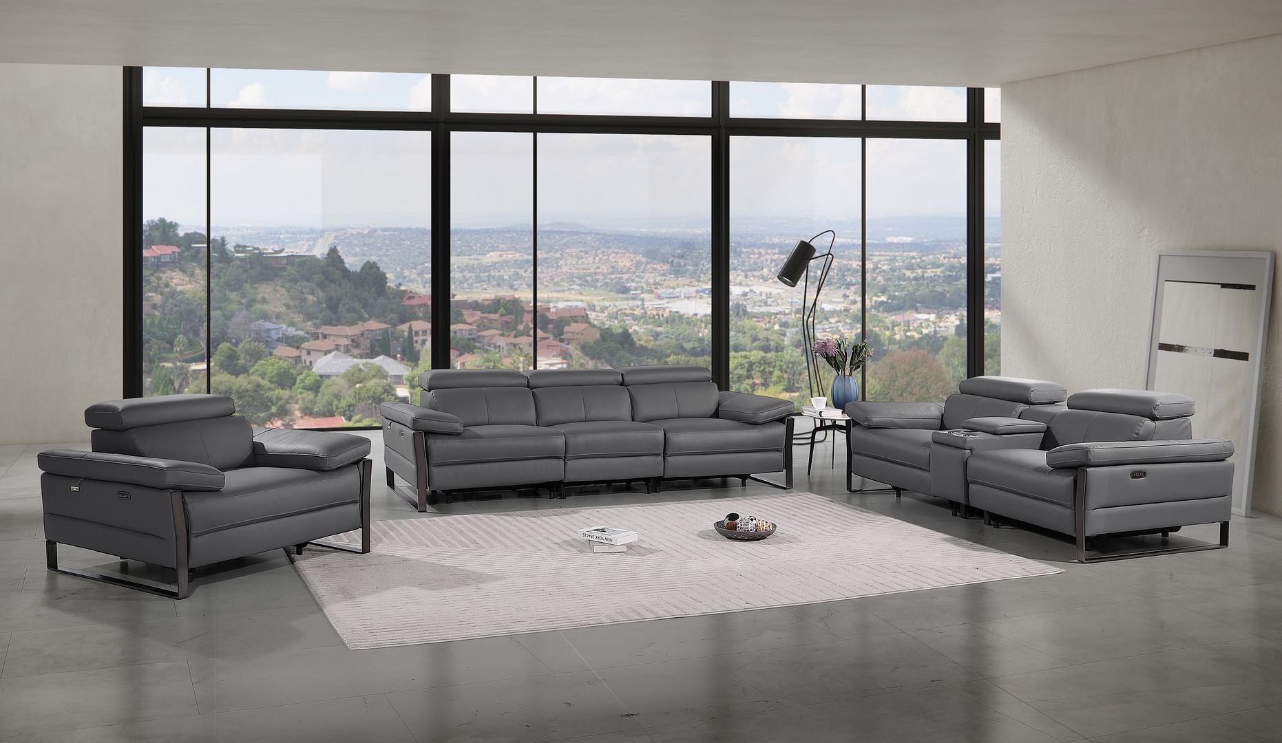 1246 Divanitalia Modular Power Dual Reclining Sofa, Console Loveseat, and Chair Set with Power Headrests - Top Grain Italian Leather - Dark Grey