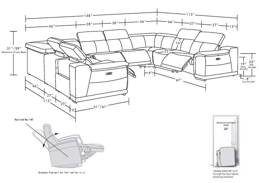 9762 Divanitalia 8-Piece U-Shaped Top Grain Italian Leather Sectional Sofa with 4 Power Recliners