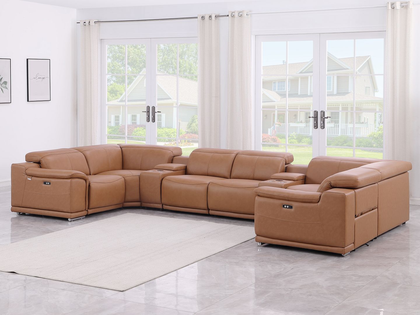 9762 Divanitalia 8-Piece U-Shaped Top Grain Italian Leather Sectional Sofa with 4 Power Recliners - Cognac