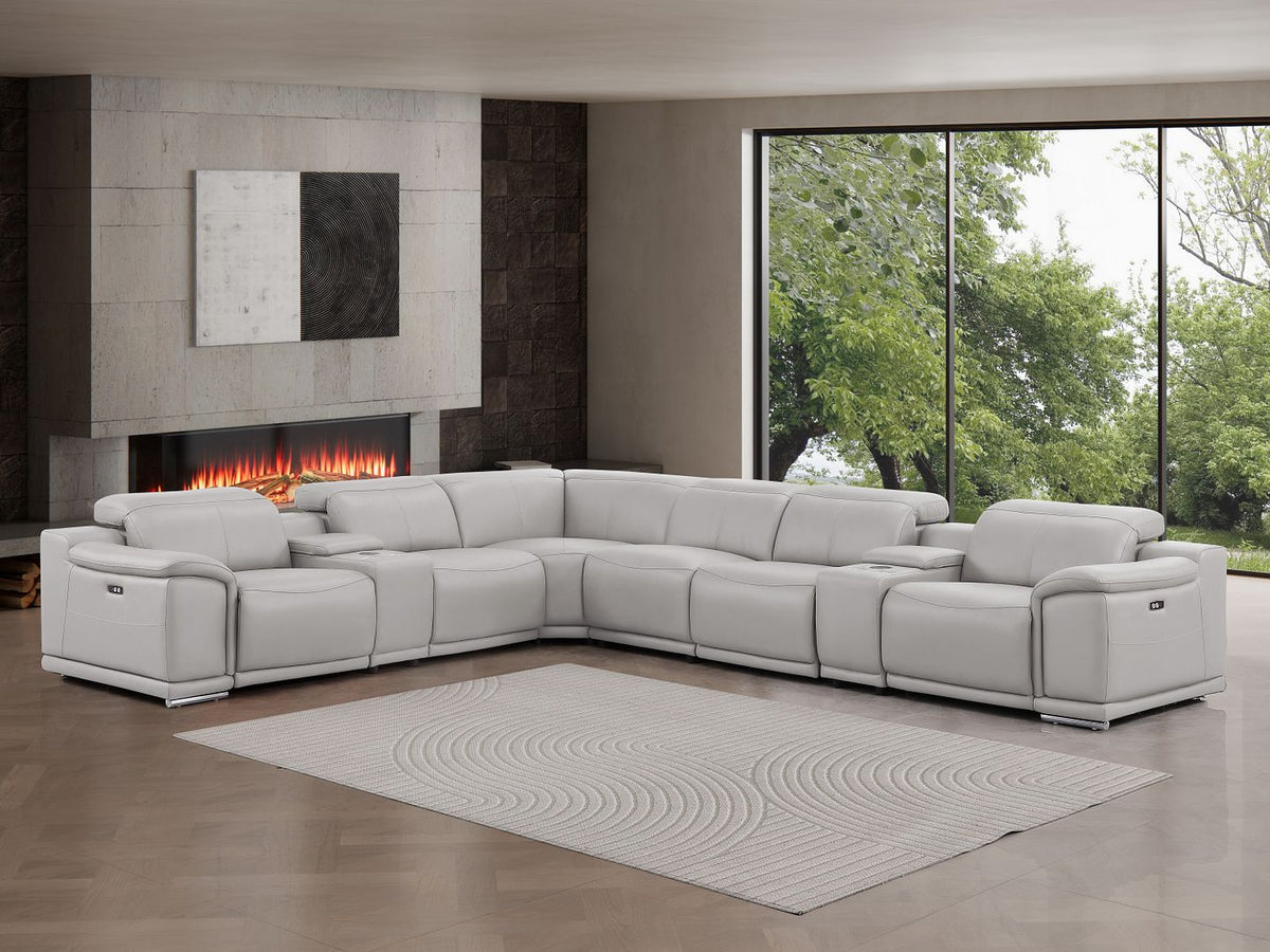 2679 8-Piece L-Shaped Power Reclining Sectional Sofa in Genuine Leather - 4 Recliners - Light Grey - SKU 2679-LT-GRAY-8PC-4PWR-L-SECT