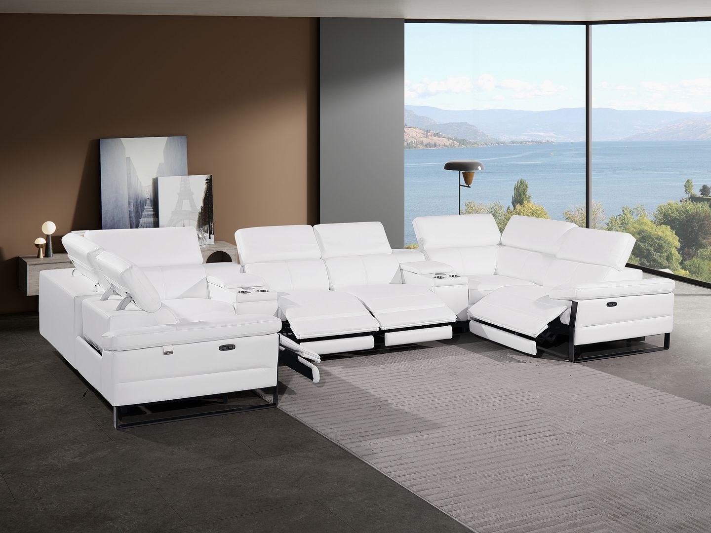 1246 Divanitalia 8-Piece U-Shaped Modular Power Reclining Sectional Sofa with 4 Power Recliners and Power Headrests - Top Grain Italian Leather
