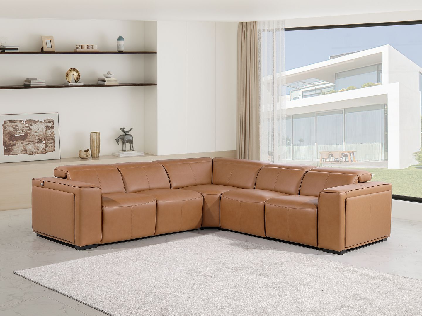 1224 Divanitalia 5-Piece L-Shaped Sectional Sofa in Top Grain Italian Leather with 3 Power Recliners & Power Headrests - Cognac