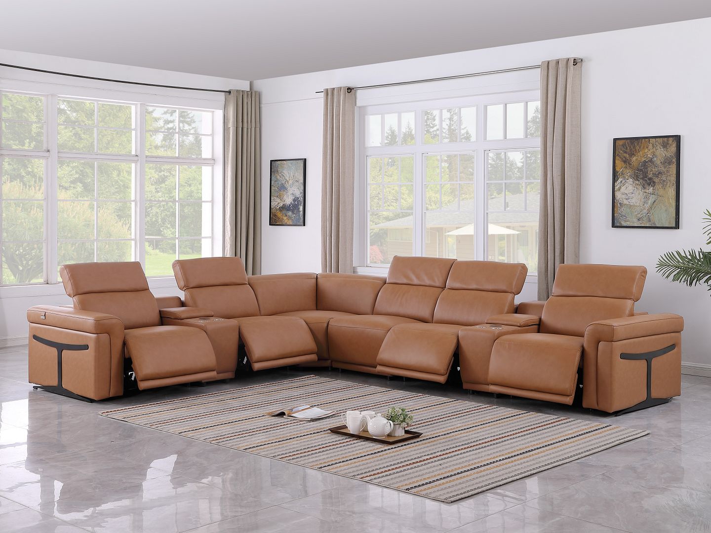 1126 Divanitalia 8-Piece L-Shaped Sectional Sofa in Top Grain Italian Leather with 4 Power Recliners & Power Headrests