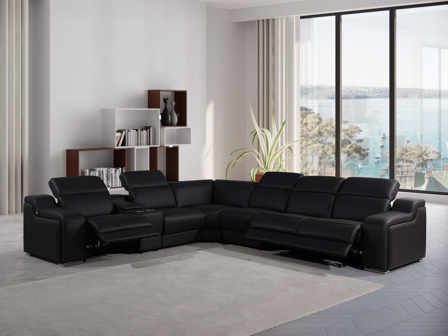 1116 Divanitalia 7-Piece L-Shaped Sectional Sofa in Top Grain Italian Leather with 3 Power Recliners & Power Headrests - Black