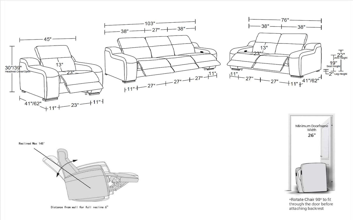 1116 Divanitalia 6-Piece Modular Power Reclining Sofa, Loveseat & Chair Set in Top Grain Italian Leather with 6 Power Recliners & Power Headrests - Light Grey - SKU 1116-LT_GREY-6.6-HT-3PC - view 17