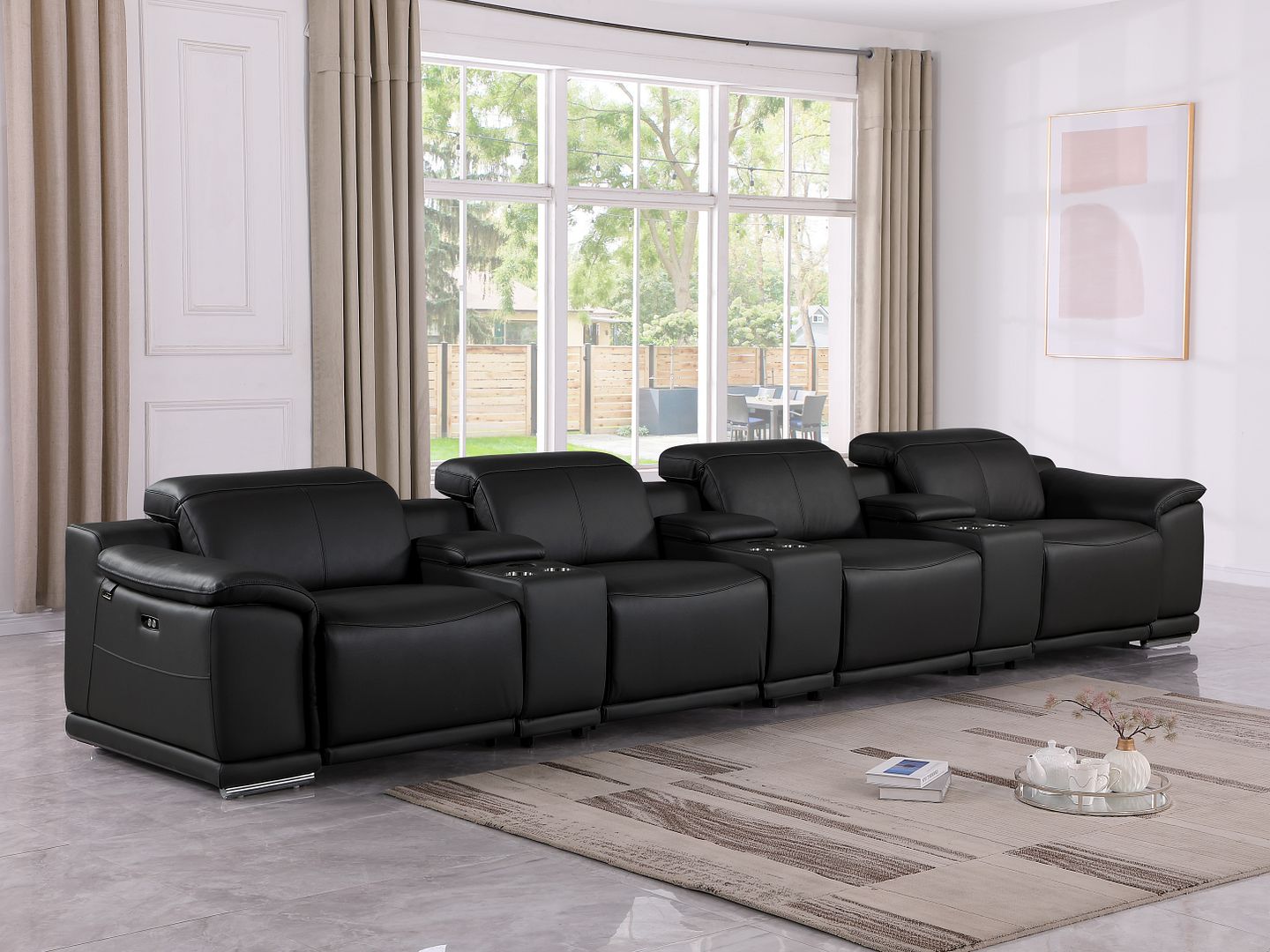 9762 Divanitalia 7-Piece Modular Top Grain Italian Leather Power Reclining Sofa with 4 Power Recliners - Black