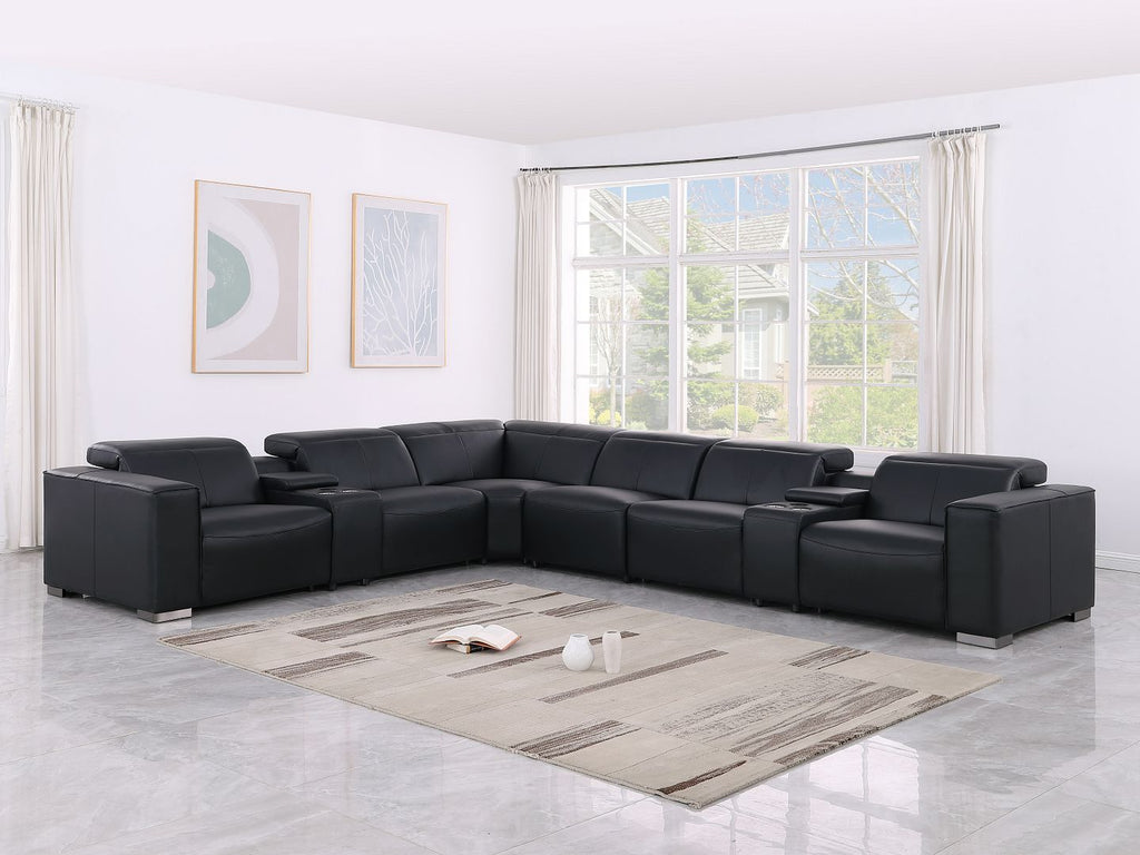 1208 8 Piece L-Shaped Leather Sectional Sofa with 4 Power Recliners & Power Headrests - Black