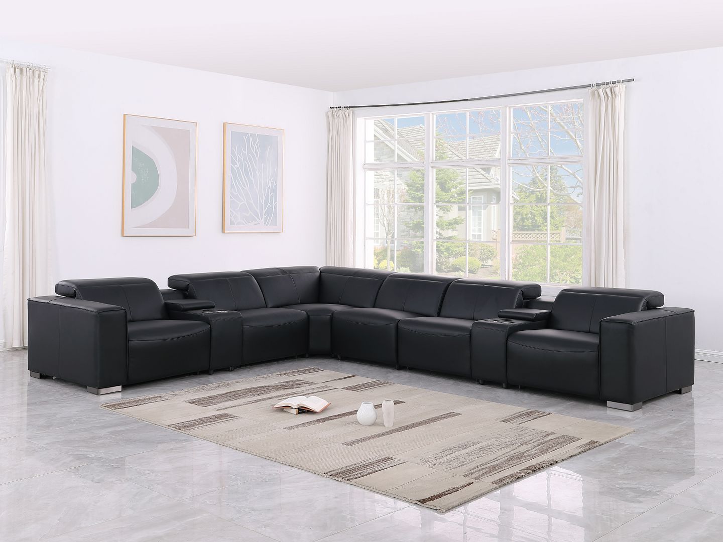 1208 8 Piece L-Shaped Leather Sectional Sofa with 4 Power Recliners & Power Headrests - Black