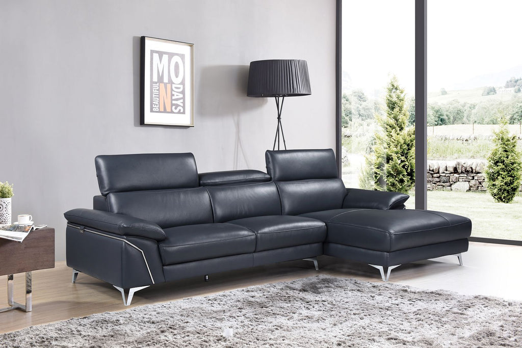 727 Divanitalia Right Arf Facing Sectional Sofa with Adjustable Headrest in Top-grain Italian Leather - Navy
