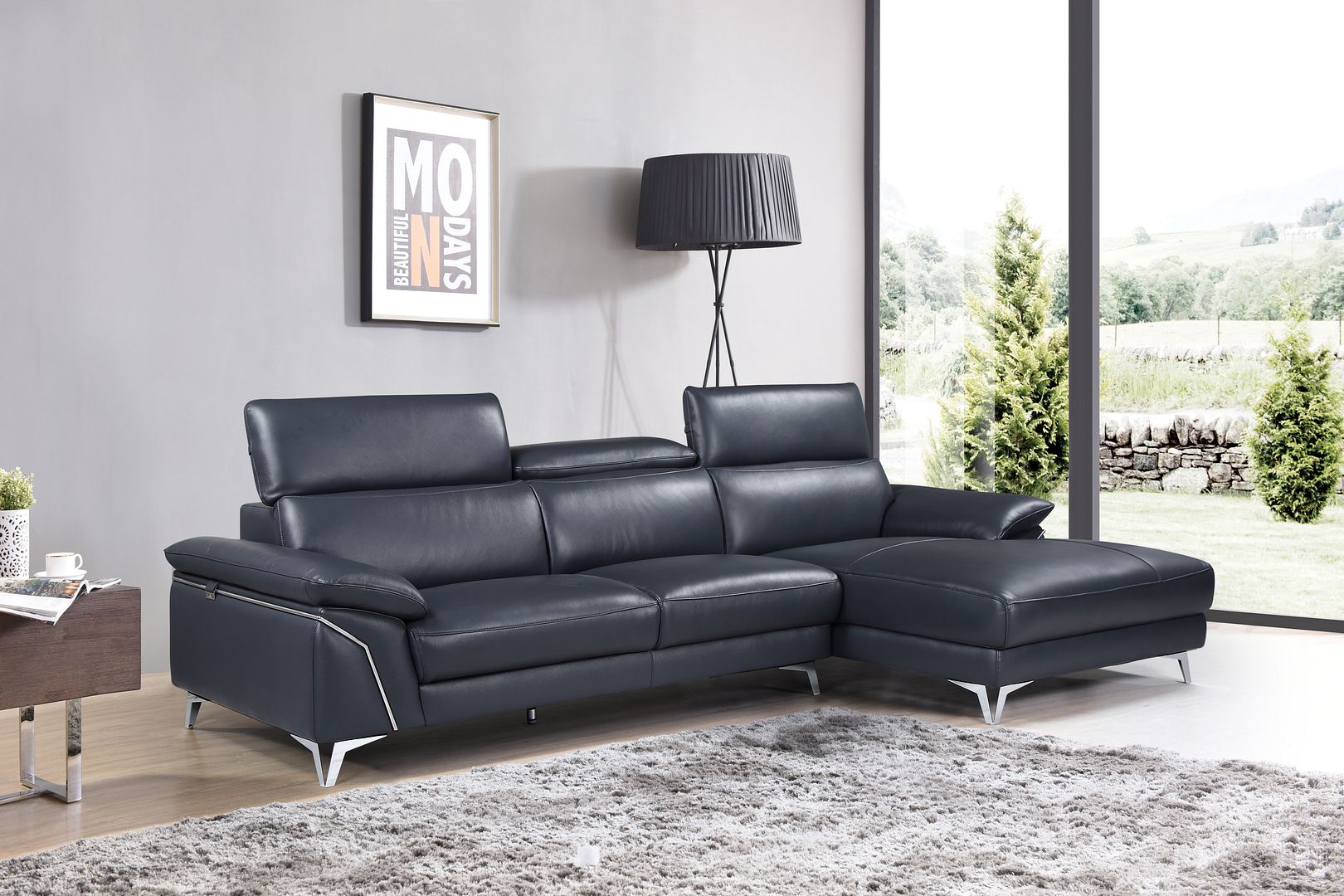 727 Divanitalia Right Arf Facing Sectional Sofa with Adjustable Headrest in Top-grain Italian Leather - Navy