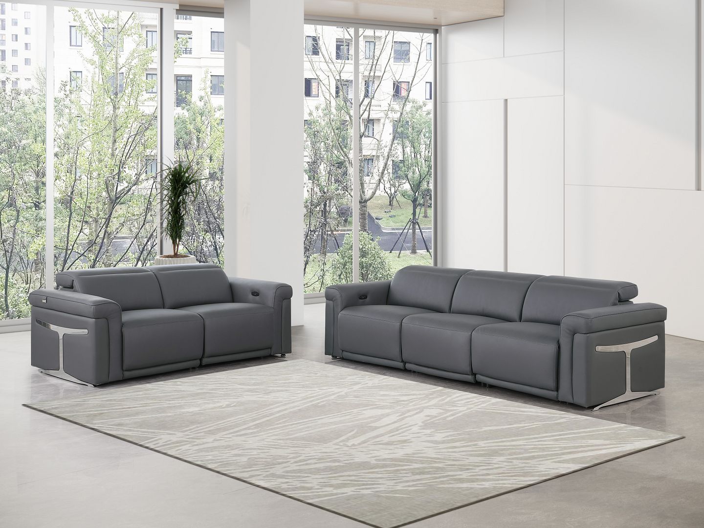 1126 Divanitalia 5-Piece Modular Power Reclining Sofa and Loveseat Set in Top Grain Italian Leather with 4 Power Recliners & Power Headrests - Dark Grey