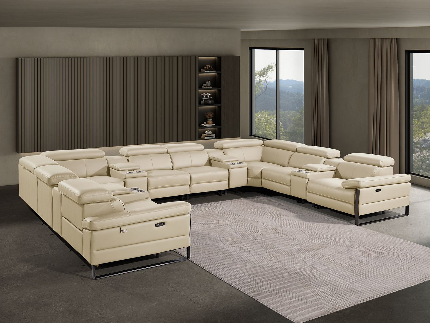 1246 Divanitalia 12-Piece U-Shaped Modular Power Reclining Sectional Sofa with 4 Power Recliners and Power Headrests - Top Grain Italian Leather - Beige