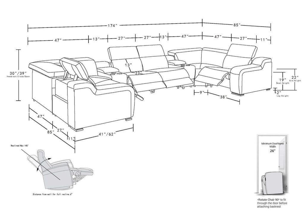 1116 Divanitalia 8-Piece U-Shaped Sectional Sofa in Top Grain Italian Leather with 4 Power Recliners & Power Headrests - Dark Grey - SKU 1116-DK_GREY-8PC-4PWR-U-SECTIONAL-GROUP - view 17