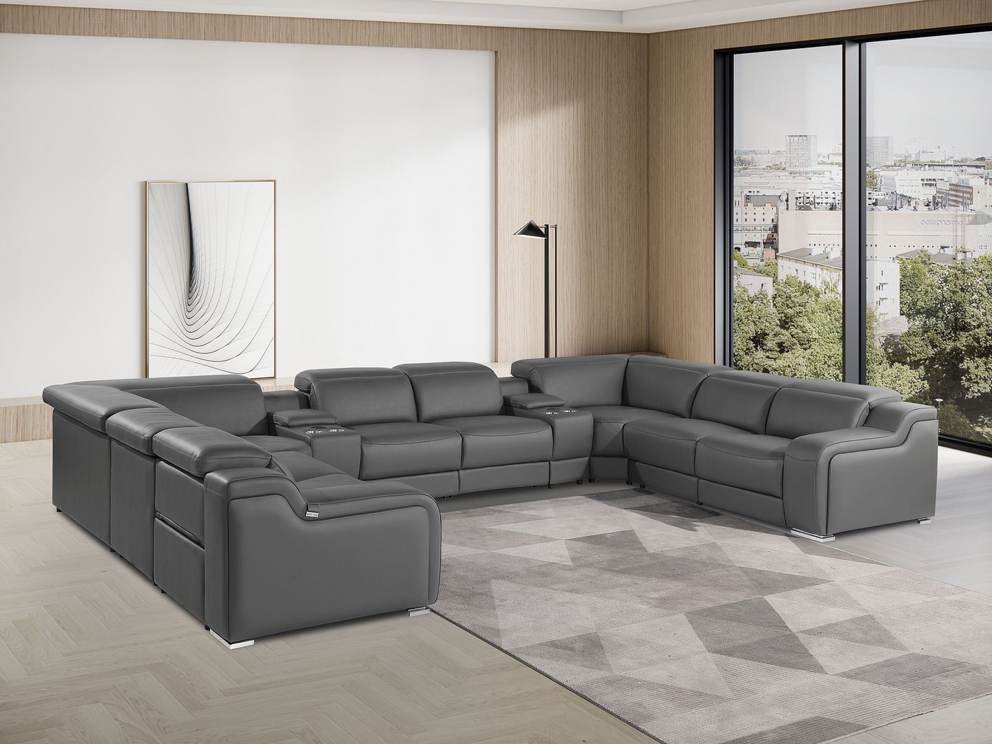 1116 Divanitalia 10-Piece U-Shaped Sectional Sofa in Top Grain Italian Leather with 4 Power Recliners & Power Headrests - Dark Grey