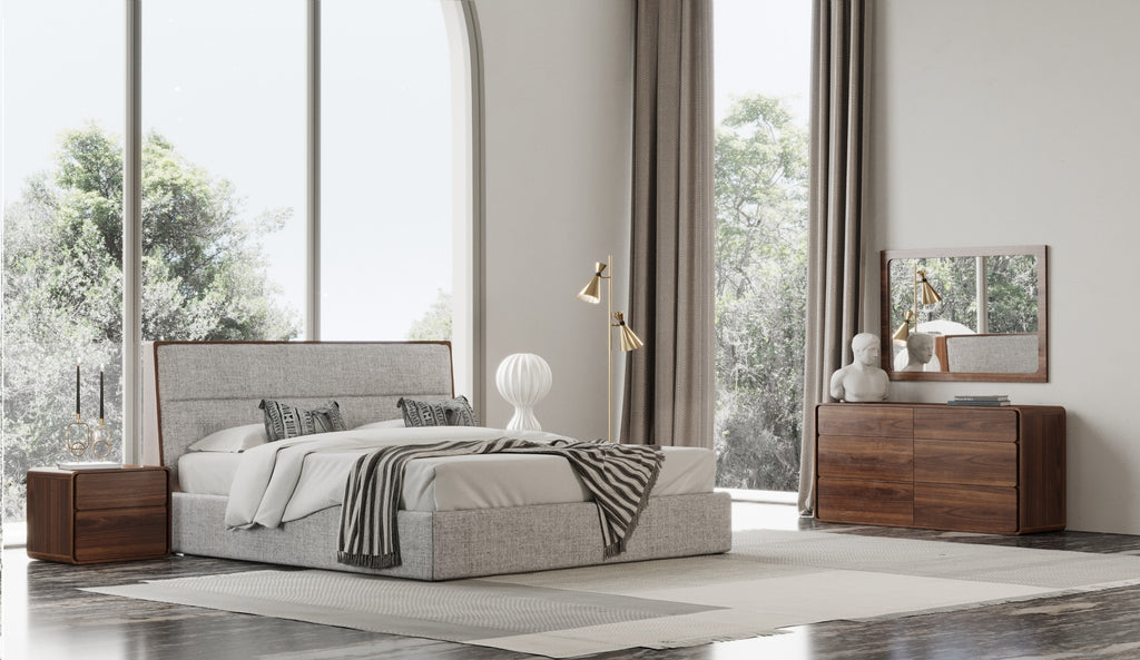 Dustin - Modern Grey Fabric & Walnut Trimmed Bedroom Set - Modern Grey Fabric & Walnut Trimmed Bedroom Set