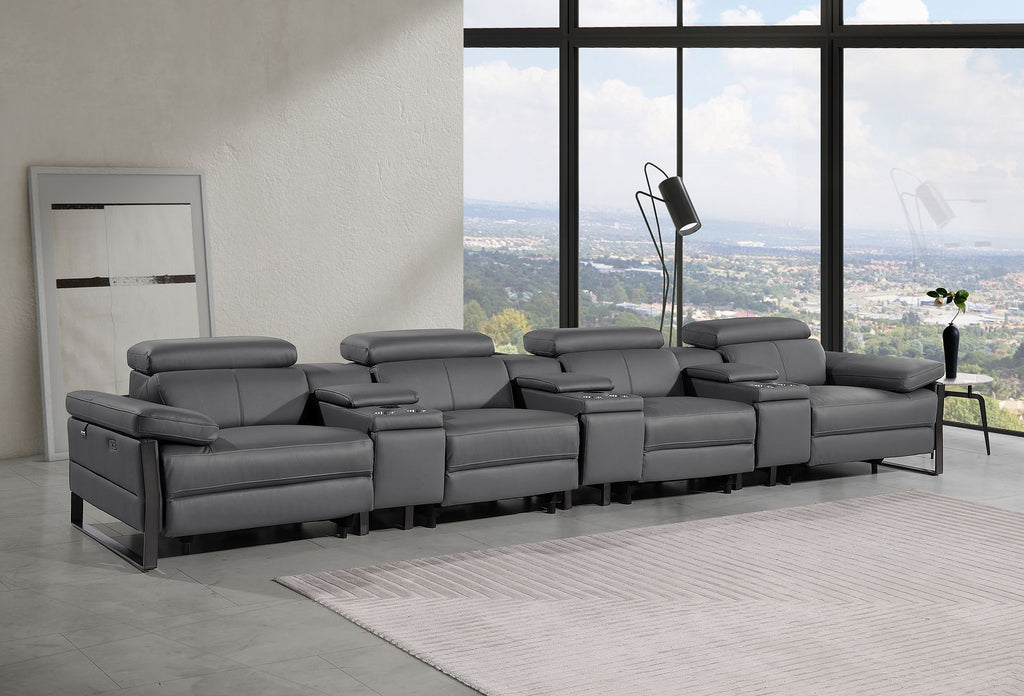 1246 Divanitalia Modular Power Triple Reclining Triple Console Sofa with Power Reclining Headrests - Top Grain Italian Leather - Dark Grey