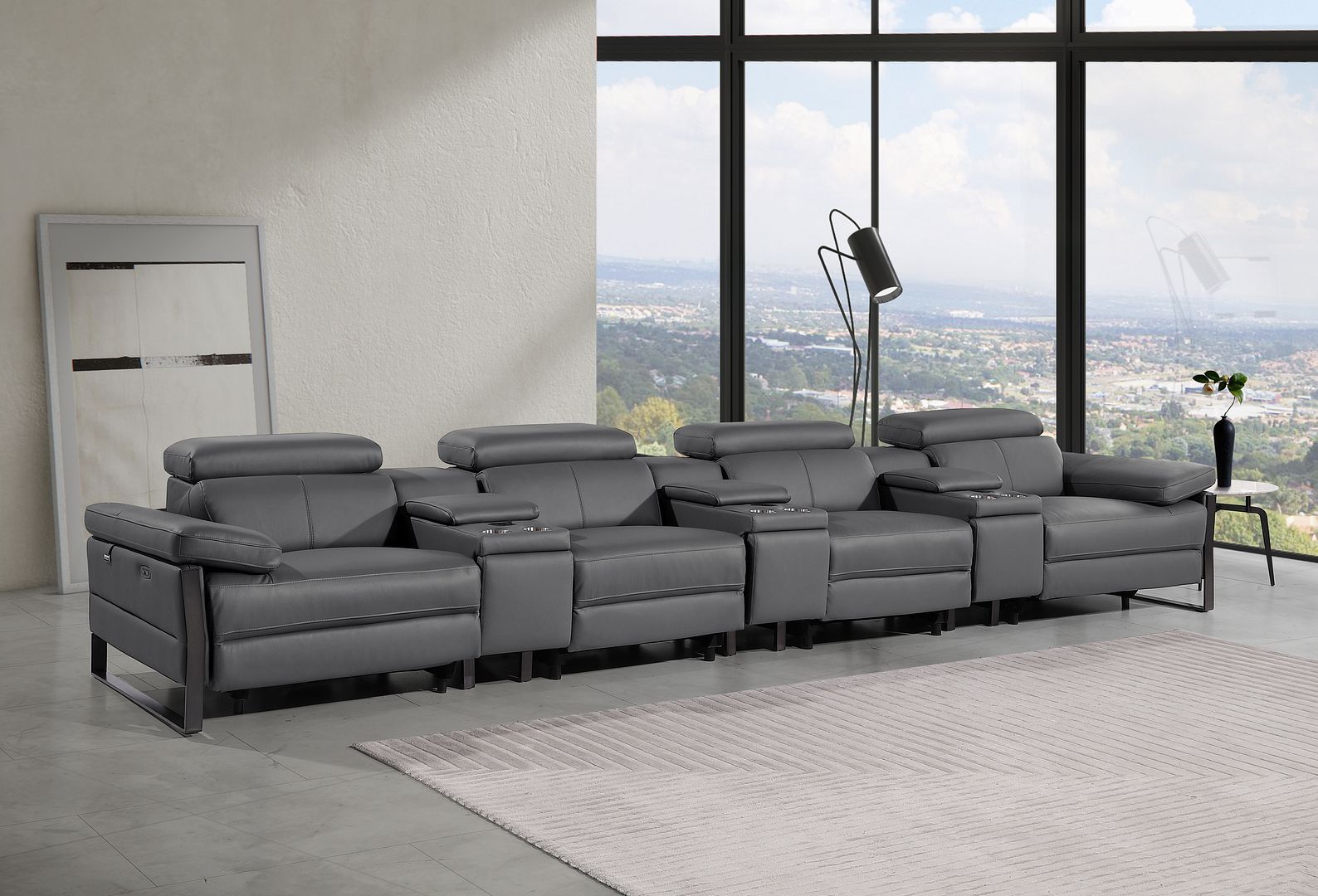 1246 Divanitalia Modular Power Triple Reclining Triple Console Sofa with Power Reclining Headrests - Top Grain Italian Leather - Dark Grey