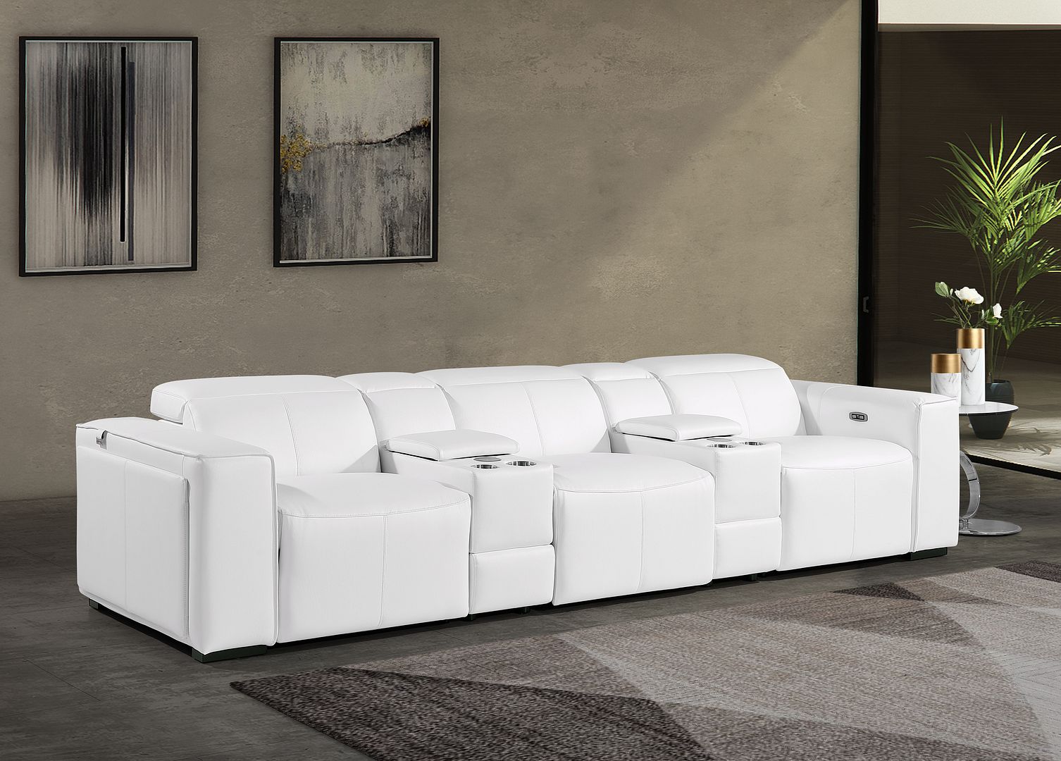 1224 Divanitalia 5-Piece Modular Power Reclining Sofa in Top Grain Italian Leather with 3 Power Recliners & Power Headrests - White