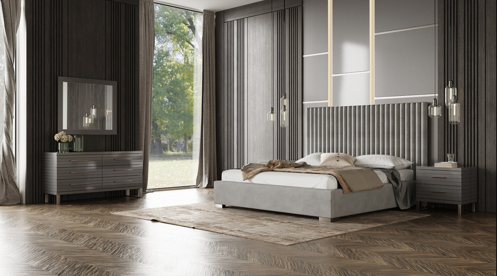 Eastern King Splendor - Silver & Grey Velvet Upholstered Platform Bed Set