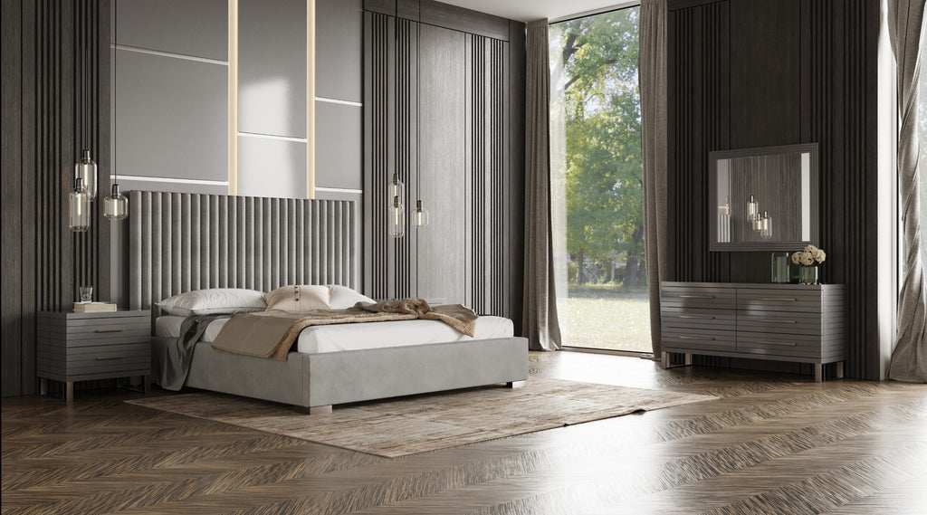 Eastern King Splendor - Silver & Grey Velvet Upholstered Platform Bed Set