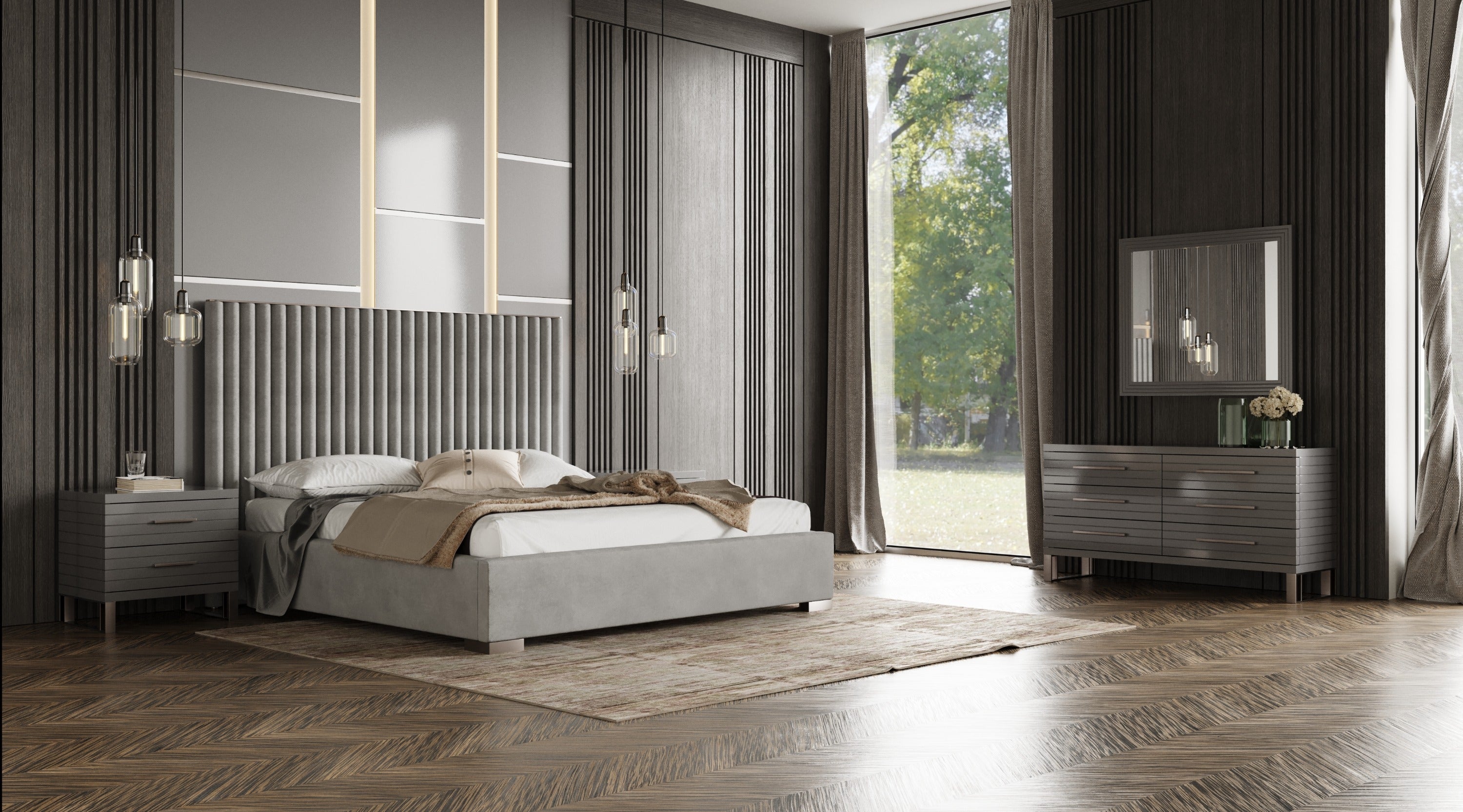 Eastern King Splendor - Silver & Grey Velvet Upholstered Platform Bed Set