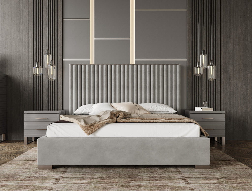Eastern King Splendor - Silver & Grey Velvet Upholstered Platform Bed Set