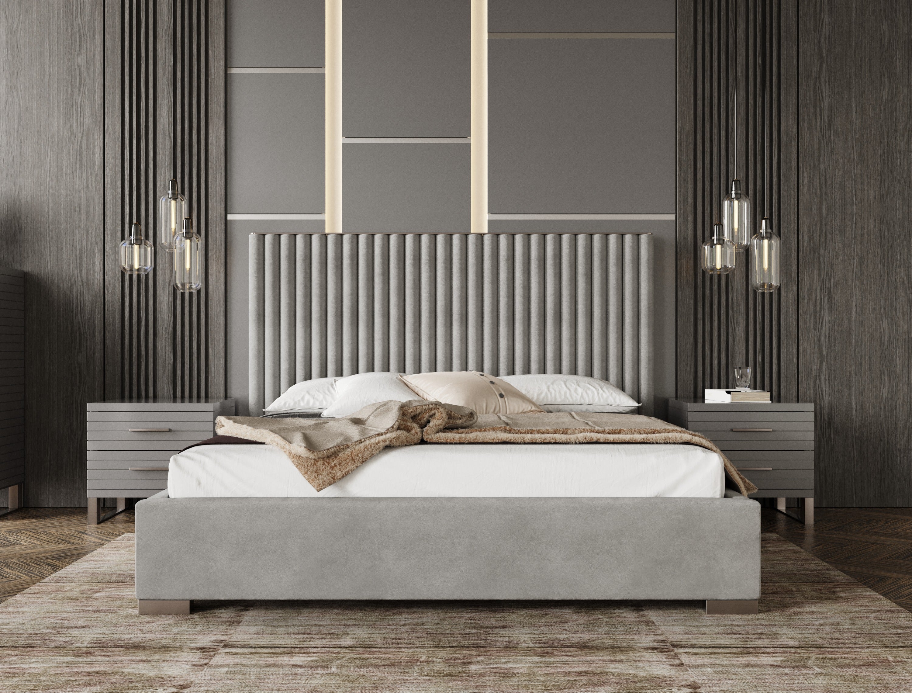 Eastern King Splendor - Silver & Grey Velvet Upholstered Platform Bed Set
