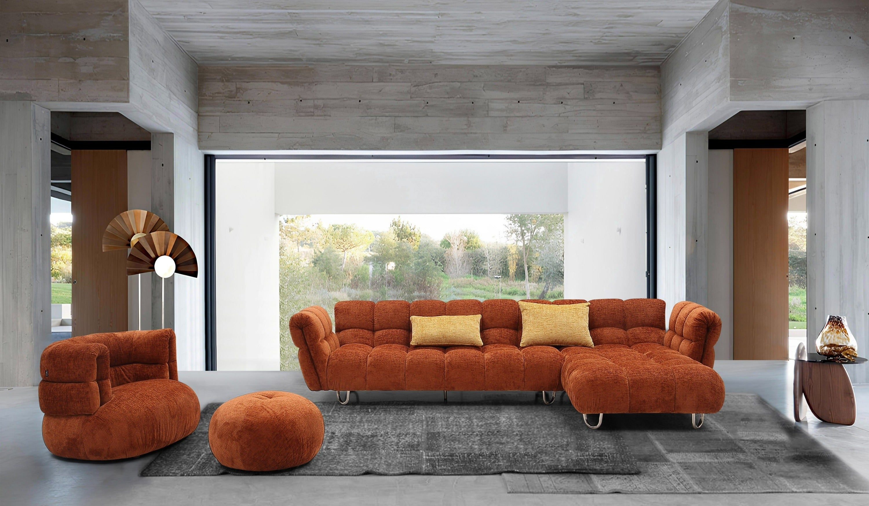 Jacinda - Modern Burnt Orange Fabric Right Facing Sectional Sofa + 2 Yellow Pillows
