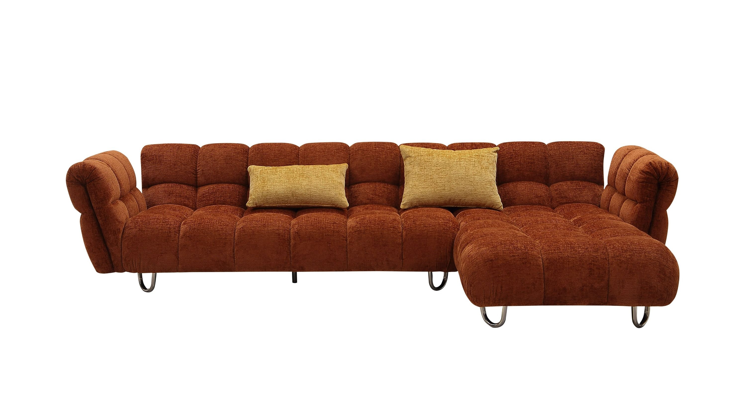 Divani Casa Jacinda - Modern Burnt Orange Fabric Right Facing Sectional Sofa + 2 Yellow Pillows - Free inside delivery in LA, Orange and Ventura counties