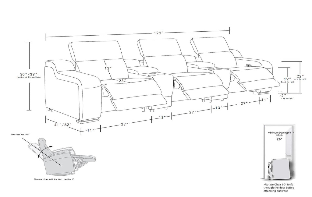 1116 Divanitalia 5-Piece Modular Power Reclining Sofa in Top Grain Italian Leather with 3 Power Recliners & Power Headrests