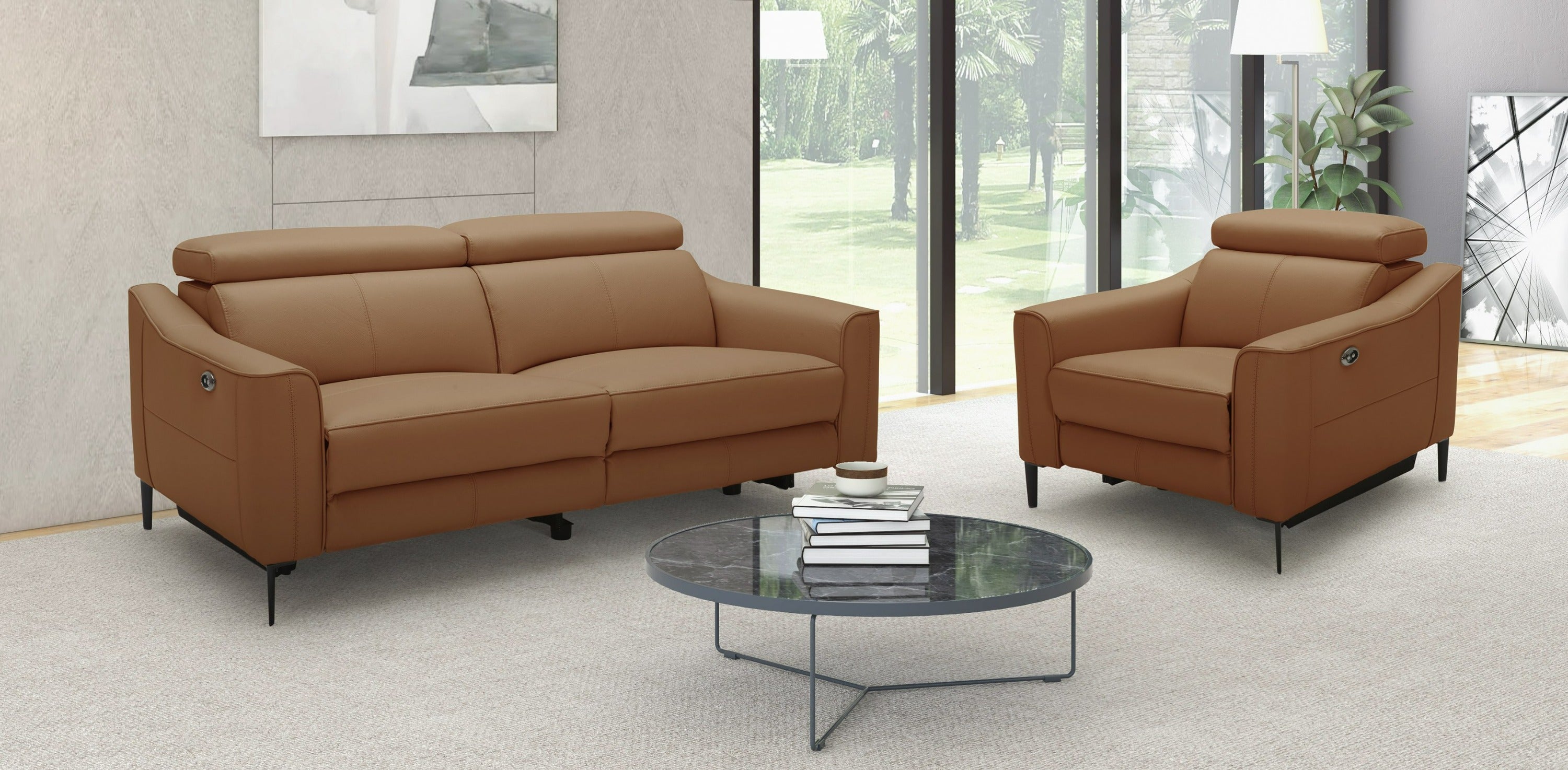 Eden - Modern Camel Leather Sofa With 2 Recliners
