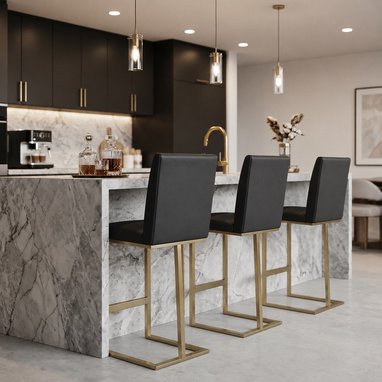 Frankie - Modern Dark Grey Vegan Lether + Antique Brass Counter Stool