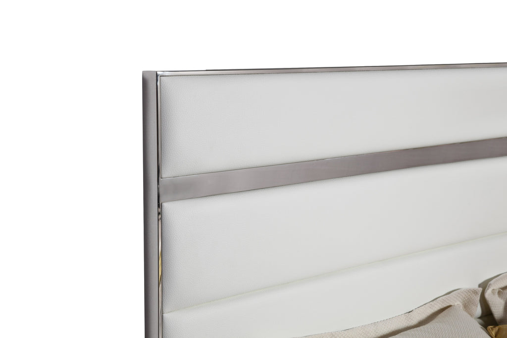 Eastern King Cartier - Modern White Vegan Leather + Stainless Steel Bed - Modern White Vegan Leather + Stainless Steel Bed