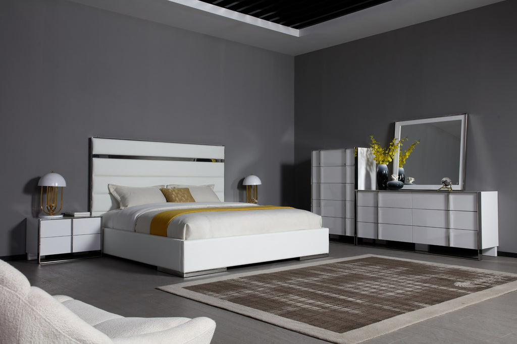 Eastern King Cartier - Modern White Vegan Leather + Stainless Steel Bed - Modern White Vegan Leather + Stainless Steel Bed