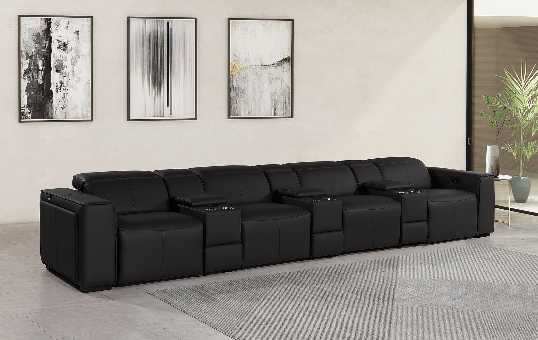 1224 Divanitalia 7-Piece Modular Power Reclining Sofa in Top Grain Italian Leather with 4 Power Recliners & Power Headrests - Black