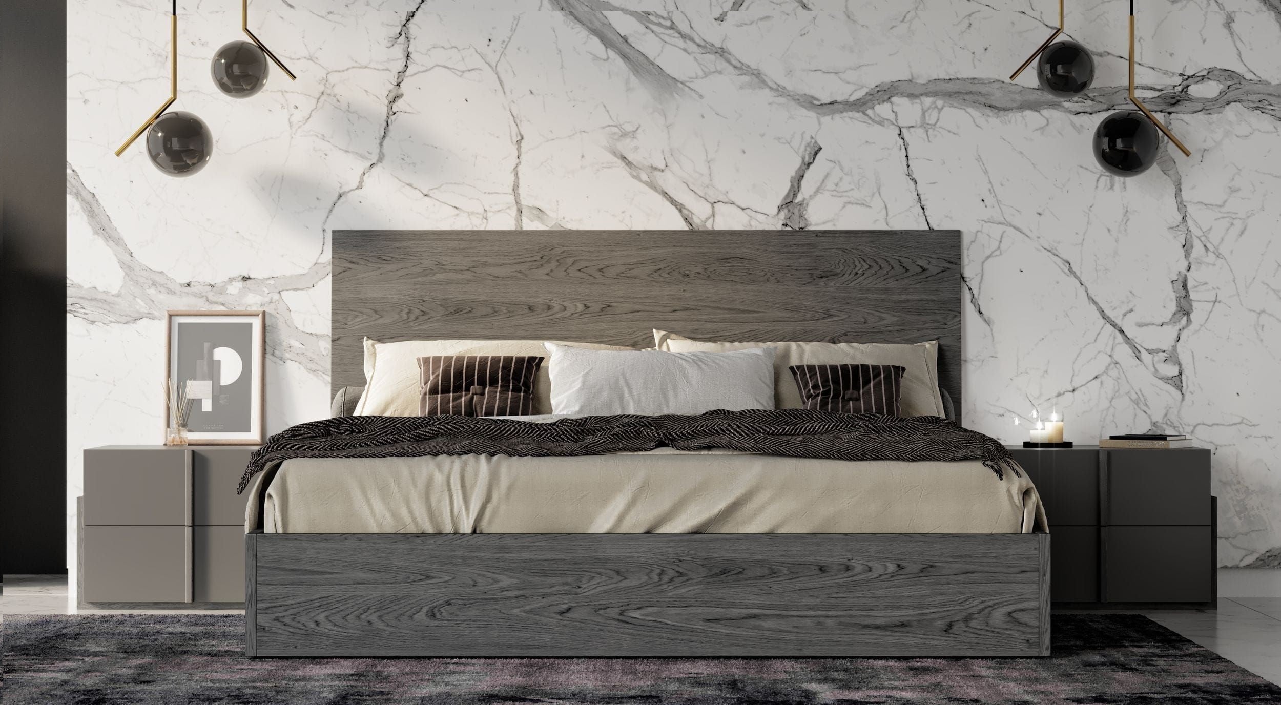 Full Lucia - Italian Modern Matte Grey / Elm Grey Bed + 2 Nightstands Set - Italian Modern Matte Grey / Elm Grey Bed + 2 Nightstands Set