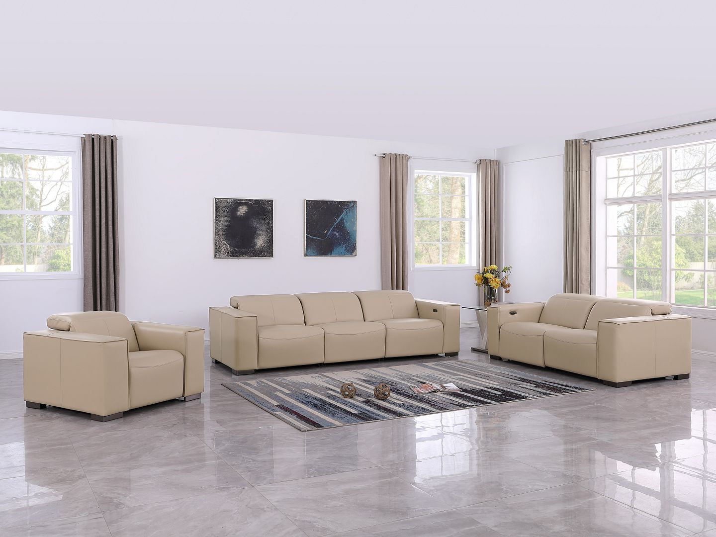 1208 Leather Reclining Set - Sofa, Loveseat & Chair with 5 Power Recliners - Beige