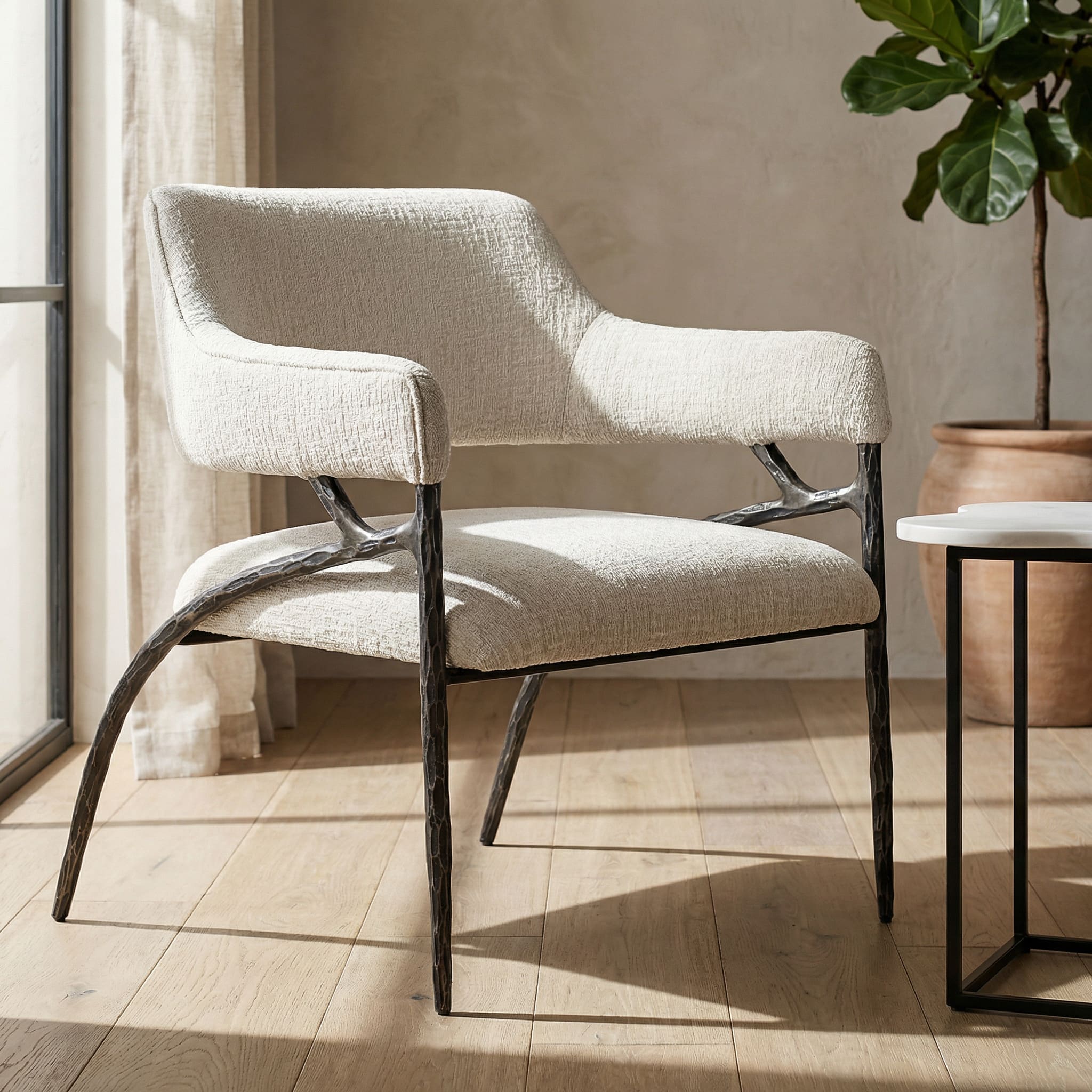 Ector - Modern Off-White Fabric + Forged Metal Accent Chair