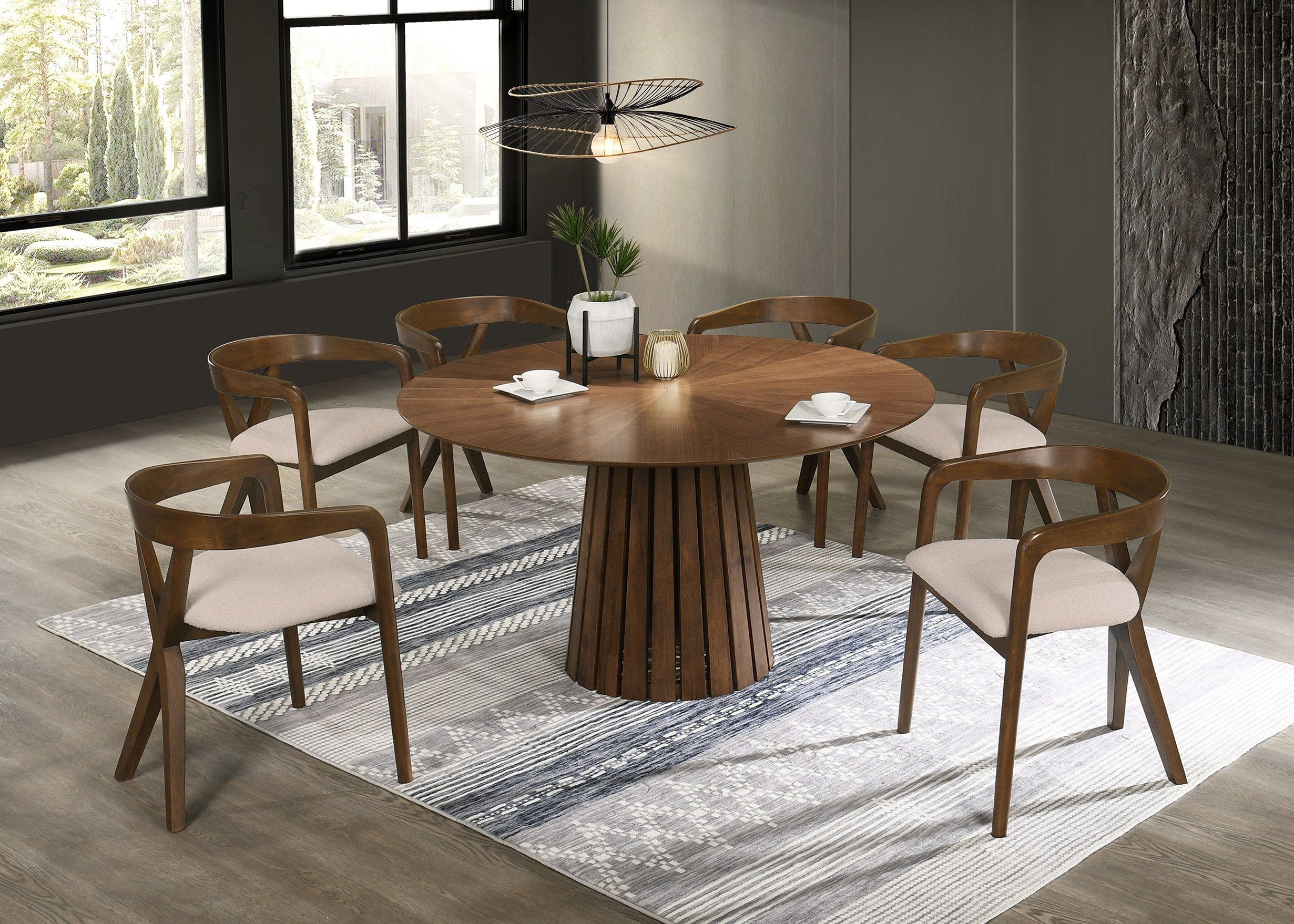 Weiss - Mid-Century Modern Walnut Round Dining Table + 6 Chair Set