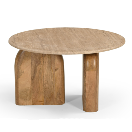 Kellison - Modern Travertine Marble + Wood End Table