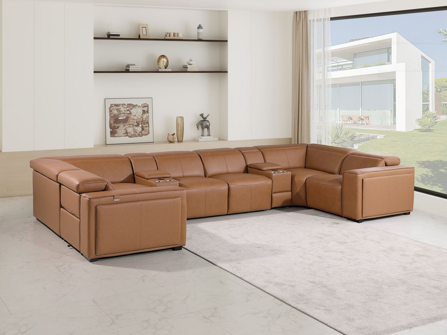 1224 Divanitalia 8-Piece U-Shaped Sectional Sofa in Top Grain Italian Leather with 4 Power Recliners & Power Headrests - Cognac