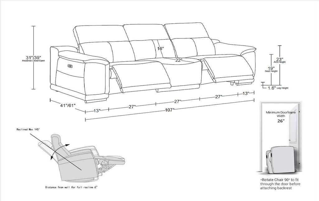 9762 Divanitalia 3-Piece Modular Power Reclining Sofa with 2 Power Recliners in Top Grain Italian Leather