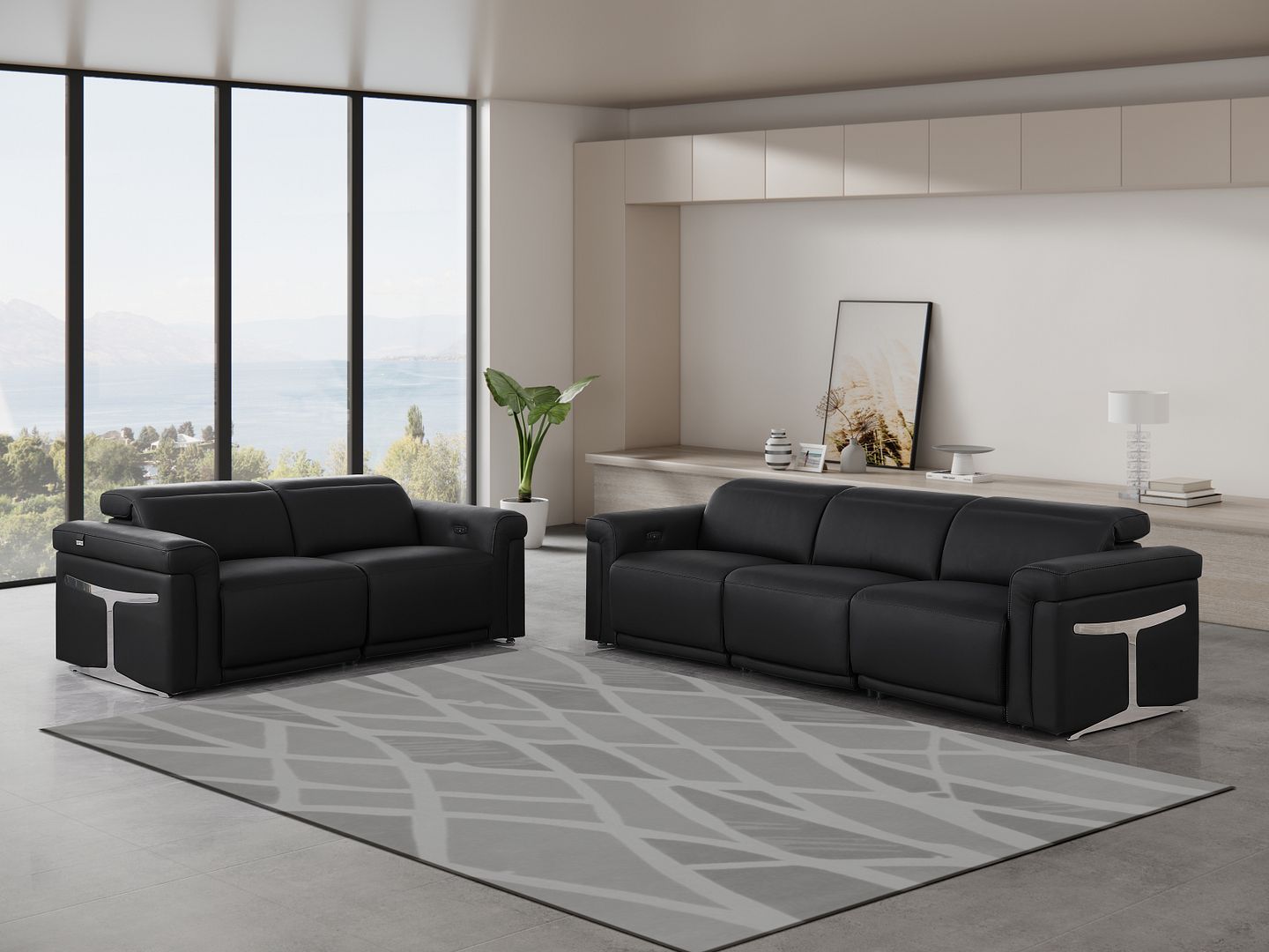 1126 Divanitalia 5-Piece Modular Power Reclining Sofa and Loveseat Set in Top Grain Italian Leather with 4 Power Recliners & Power Headrests - Black