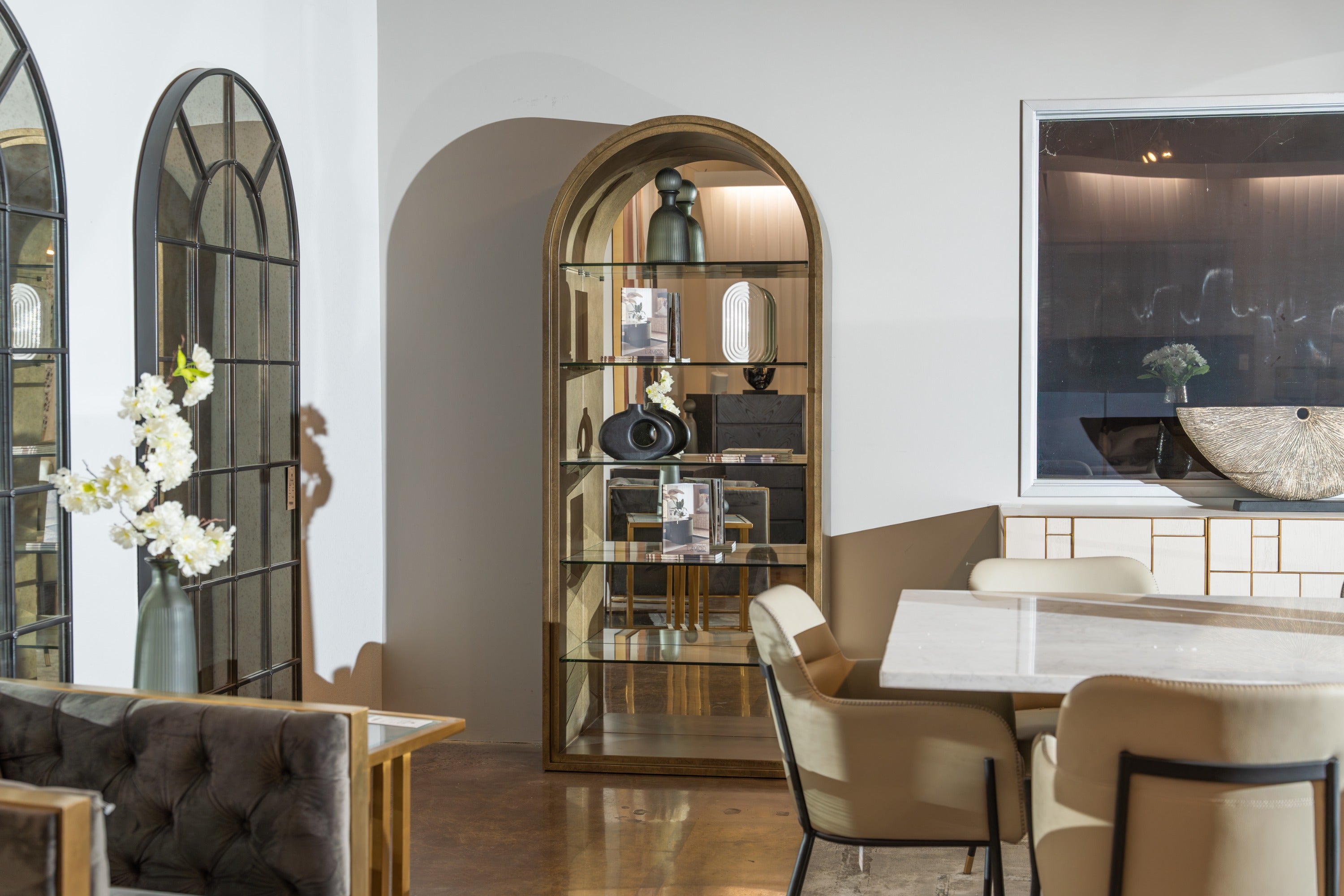 Poise - Modern Antique Brass + Mirror Bookcase