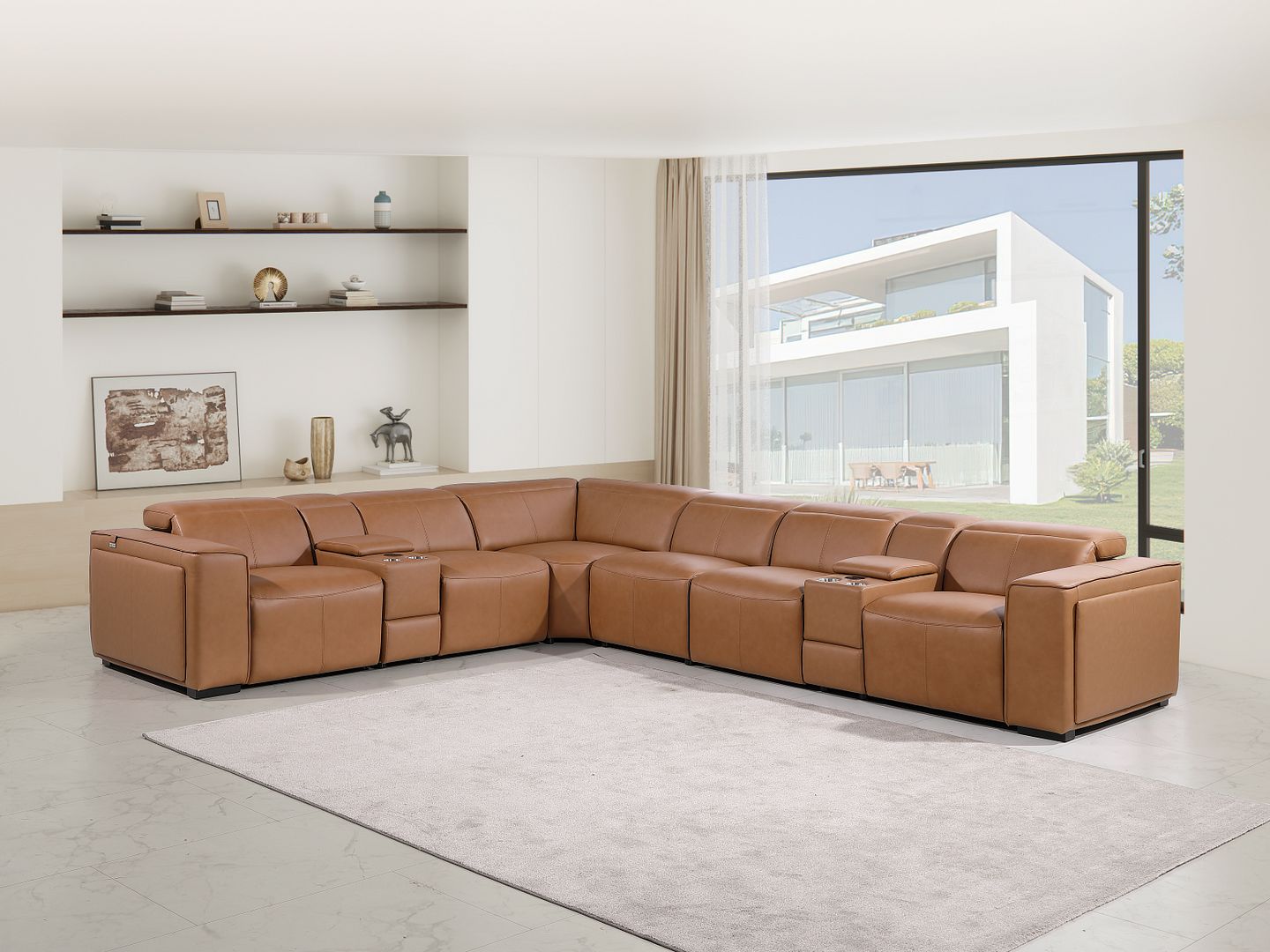 1224 Divanitalia 8-Piece L-Shaped Sectional Sofa in Top Grain Italian Leather with 4 Power Recliners & Power Headrests - Cognac