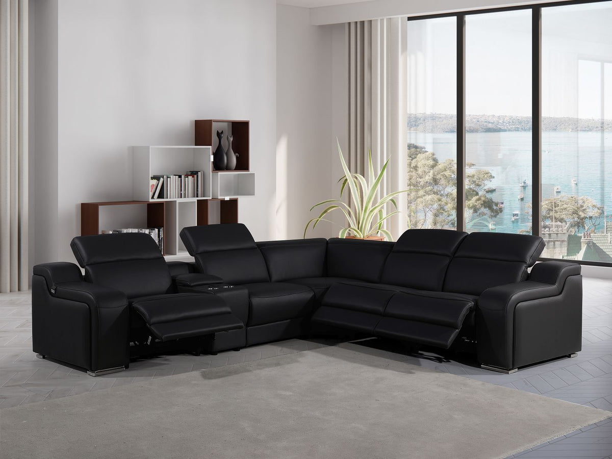 1116 Divanitalia 6-Piece L-Shaped Sectional Sofa in Top Grain Italian Leather with 3 Power Recliners & Power Headrests - Black - SKU 1116-BLACK-6PC-3PWR-SECTIONAL- GROUP