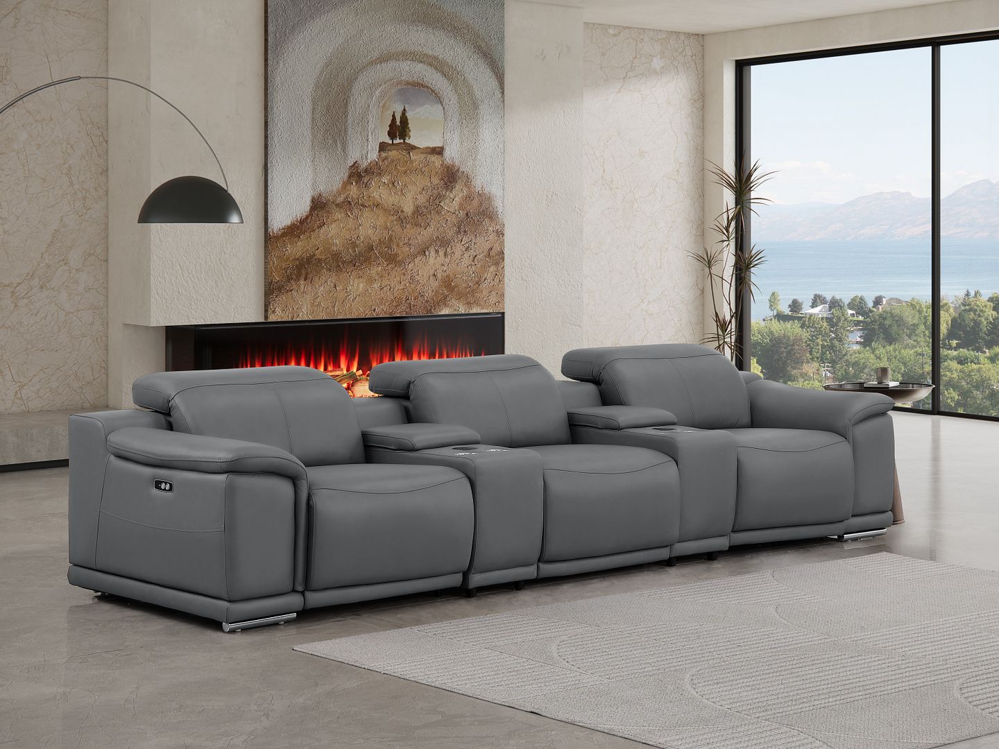 2679 Genuine Leather Sofa with 3 Power Recliners & Dual Storage Consoles - Dark Grey