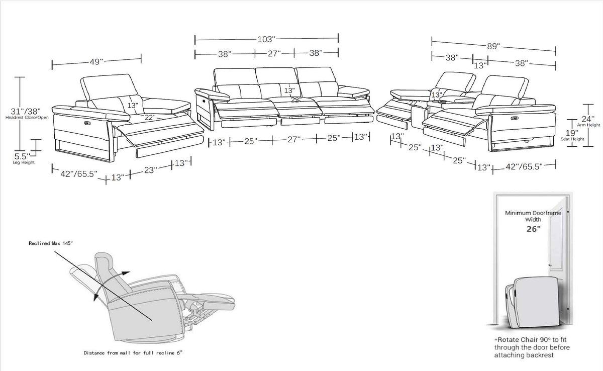 1246 Divanitalia Modular Power Triple Reclining Sofa, Console Loveseat, and Chair Set with Power Headrests - Top Grain Italian Leather - Light Grey - SKU 1246-LT-GREY-7.6-HT-3PC - view 15